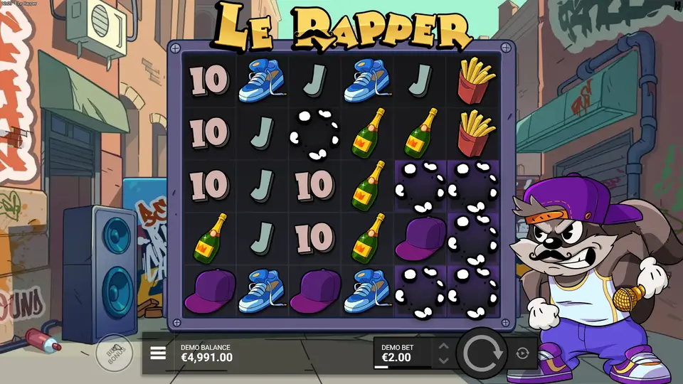 Exemple de cluster gagnant dans Le Rapper montrant 8 symboles de microphones dorés connectés verticalement et horizontalement sur la grille 6x5, cases marquées en surbrillance, animation de cascade en cours avec nouveaux symboles tombant du haut