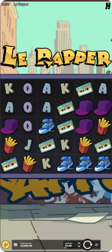 Le Rapper affiché sur un smartphone en mode paysage, grille 6x5 complète visible avec fond de graffitis urbains, interface tactile adaptée montrant boutons de mise et spin optimisés pour le toucher, Smokey visible sur le côté de l'écran