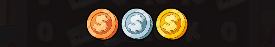 Montage des différentes pièces monétaires : pièce Bronze cuivrée avec symbole dollar, pièce Argent brillante métallique, et pièce Or étincelante dorée, toutes affichées côte à côte représentant les différents niveaux de multiplicateurs